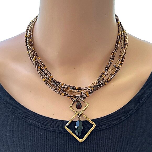 Chicos Multi Strand Beaded Necklace Brown Topaz Adjustable Length - Picture 1 of 5